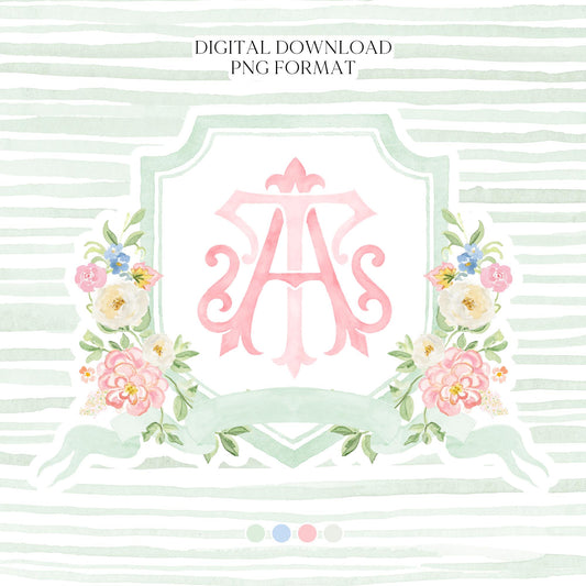 Wildflowers Bright Floral Colorful Watercolor Wedding Crest - Monogram Crest - Floral Watercolor Wedding Crest - Romantic Wedding Crest