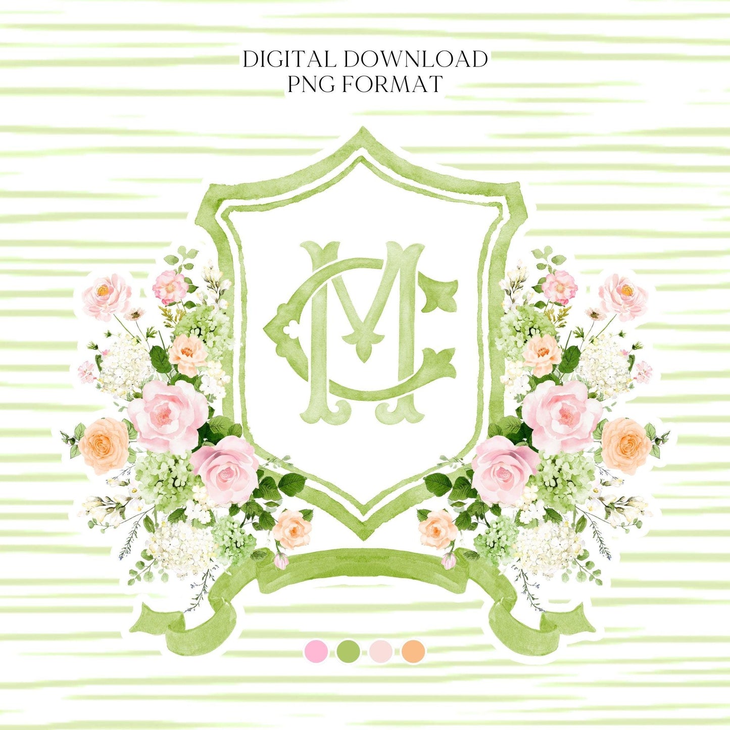 White Roses Blush Pink Rose Flower Wedding Crest - Monogram Crest - Green Hydrangea Floral Luxury Watercolor Wedding Crest