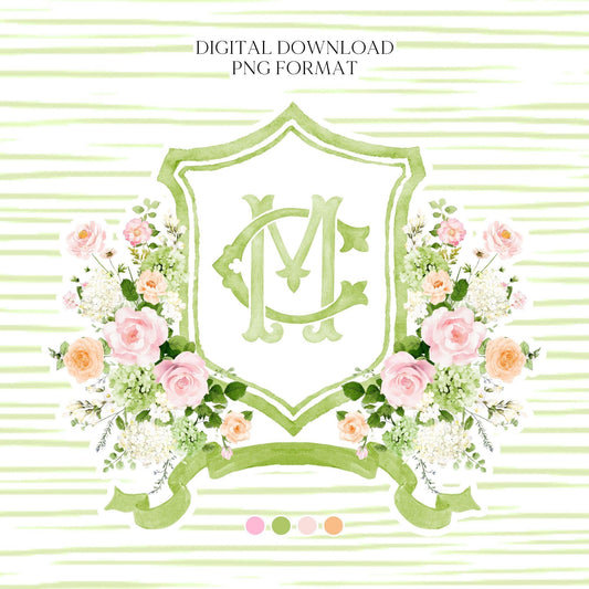 White Roses Blush Pink Rose Flower Wedding Crest - Monogram Crest - Green Hydrangea Floral Luxury Watercolor Wedding Crest