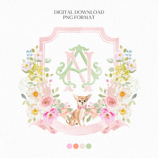 Wildflowers Bright Floral Colorful Watercolor Wedding Crest - Monogram Crest - Floral Watercolor Wedding Crest - Romantic Wedding Crest