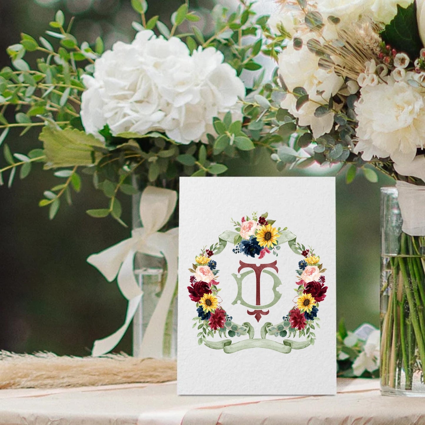 Sunflower Burgundy Red Blush Peony Rose Flower Wedding Crest - Monogram Crest - Floral Watercolor Wedding Crest - Romantic Wedding Crest