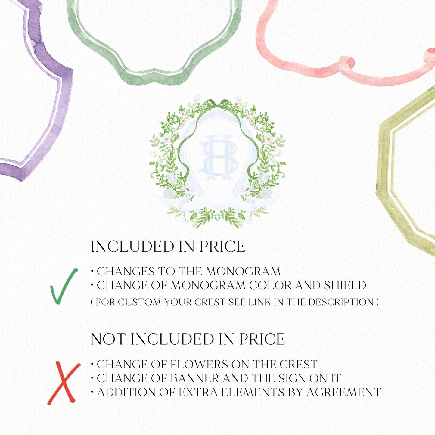 Watercolor Crest wedding Blue Little Flowers Bow Greenery Flower Wedding Crest - Monogram Crest - Floral Watercolor Wedding Crest