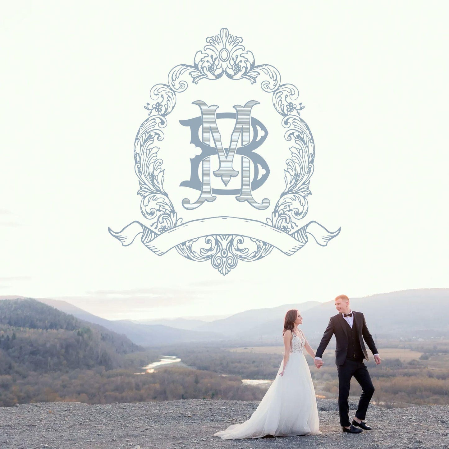 Vintage Wedding Crest - Monogram Crest - Vintage Blue Botanicals Luxury Line art Wedding Crest - Romantic Wedding Crest