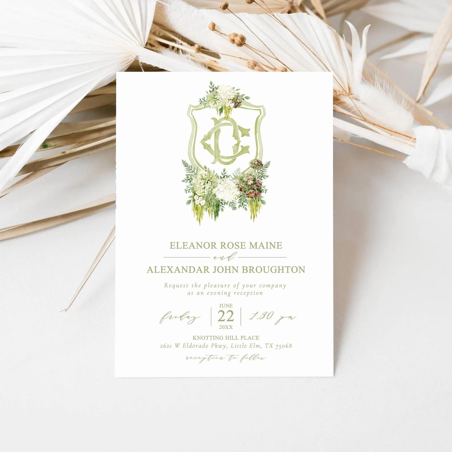 Hydrangea Macrophylla Green Flower Wedding Crest, Monogram Crest, Lush bright Greenery Floral Watercolor Wedding Crest, Hydrangea Crest