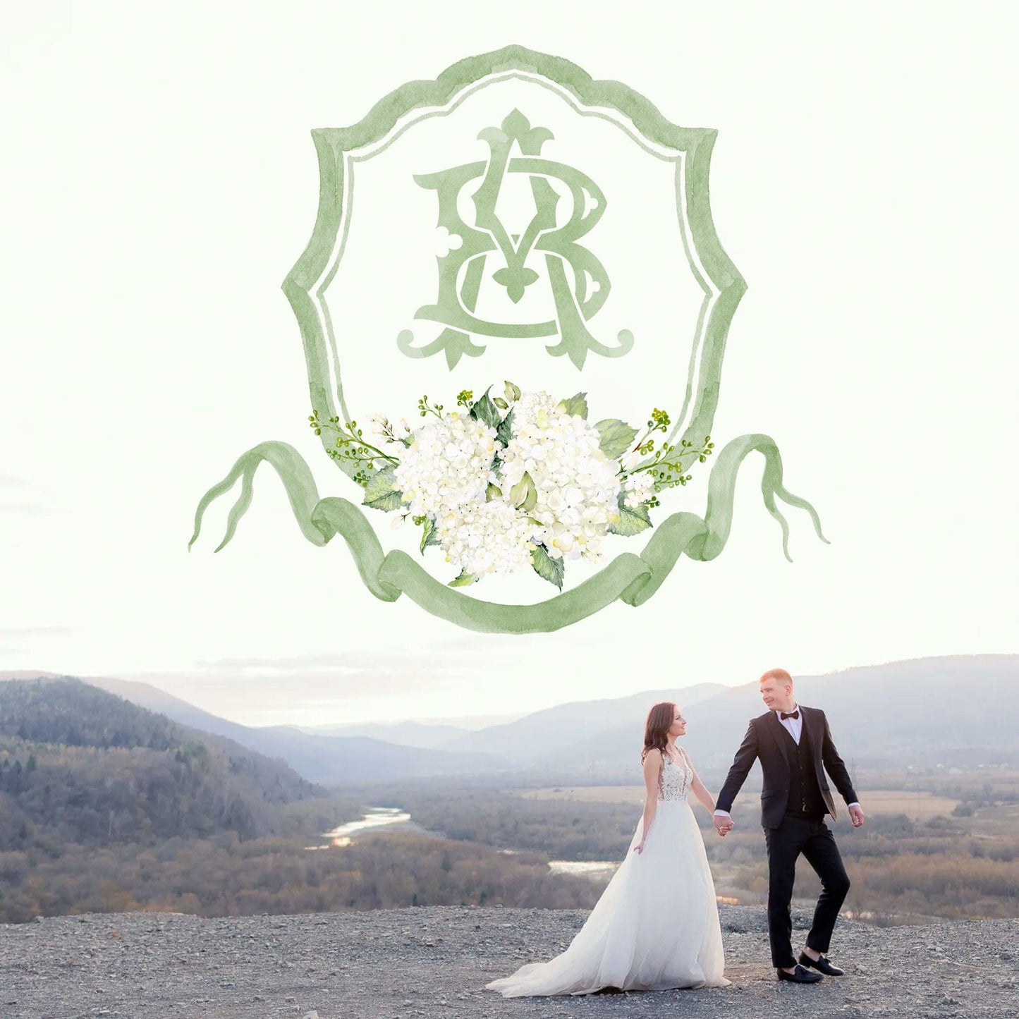 White Hydrangea Flower Greenery Wedding Crest - Monogram Crest - Hydrangea Floral Luxury Watercolor Wedding Crest - Romantic Wedding Crest