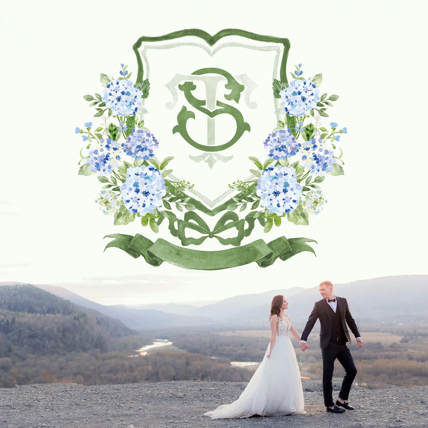 Hydrangea Blue Wedding Crest - Monogram Crest - Light Blue Hydrangea Floral Luxury Watercolor Wedding Crest - Romantic Wedding Crest