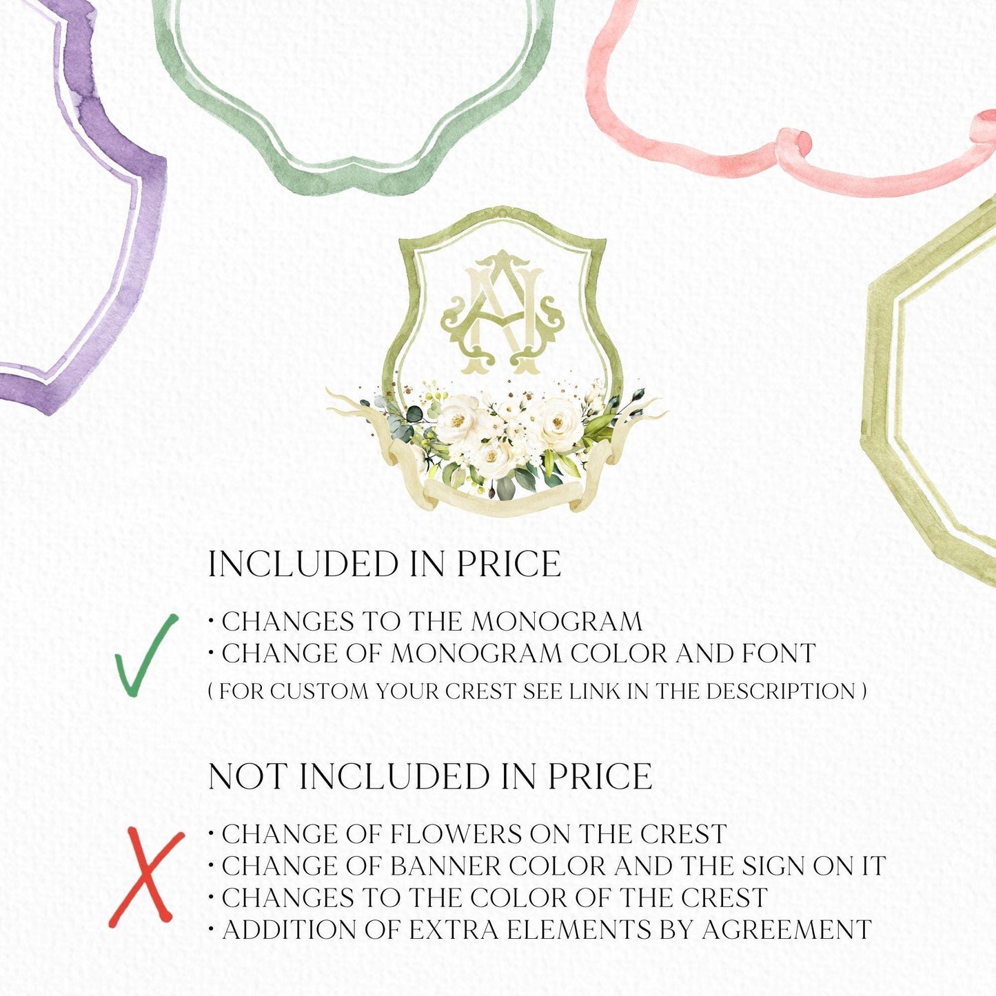 White Roses Eucalyptus Flower Wedding Crest - Monogram Crest - White Floral Luxury Watercolor Wedding Crest - Romantic Wedding Crest