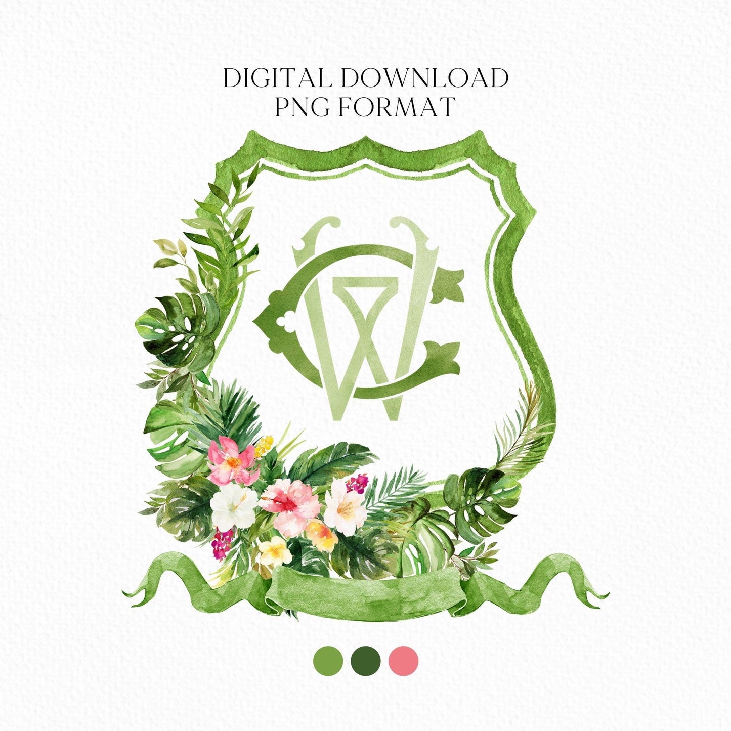Greenery Tropical Foliage Palms Watercolor Flowers Wedding Crest - Monogram Crest - Floral Watercolor Wedding Crest - Romantic Wedding Crest