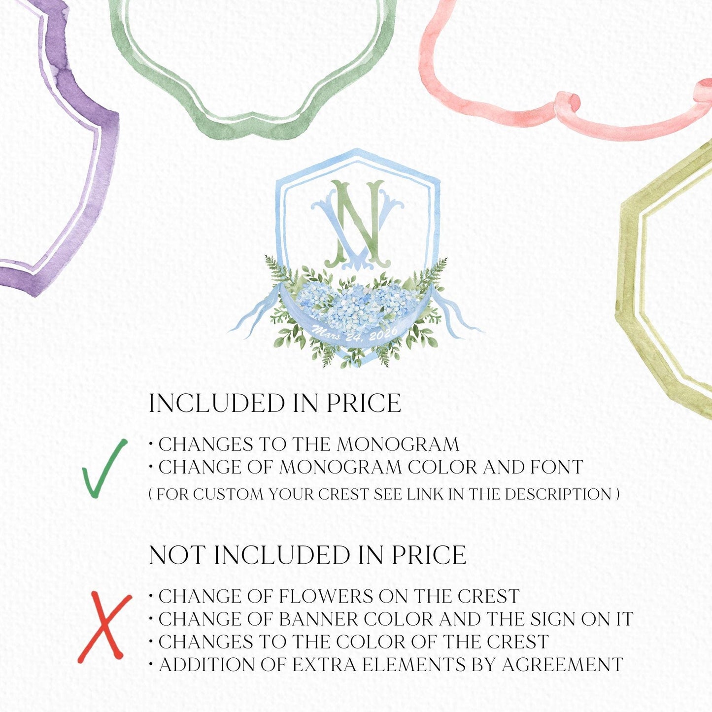 Hydrangea Flower Wedding Crest - Monogram Crest - Hydrangea Floral Blue Watercolor Wedding Crest - Romantic Wedding Crest - Boho Hydrangea