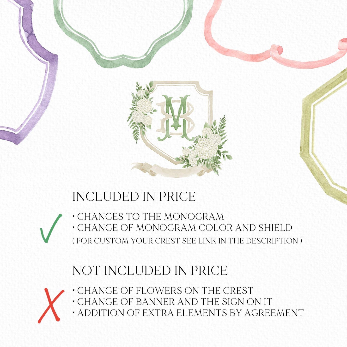 White Hydrangea Flower Wedding Crest - Monogram Crest - Hydrangea Floral Luxury Watercolor Wedding Crest - Romantic Wedding Crest