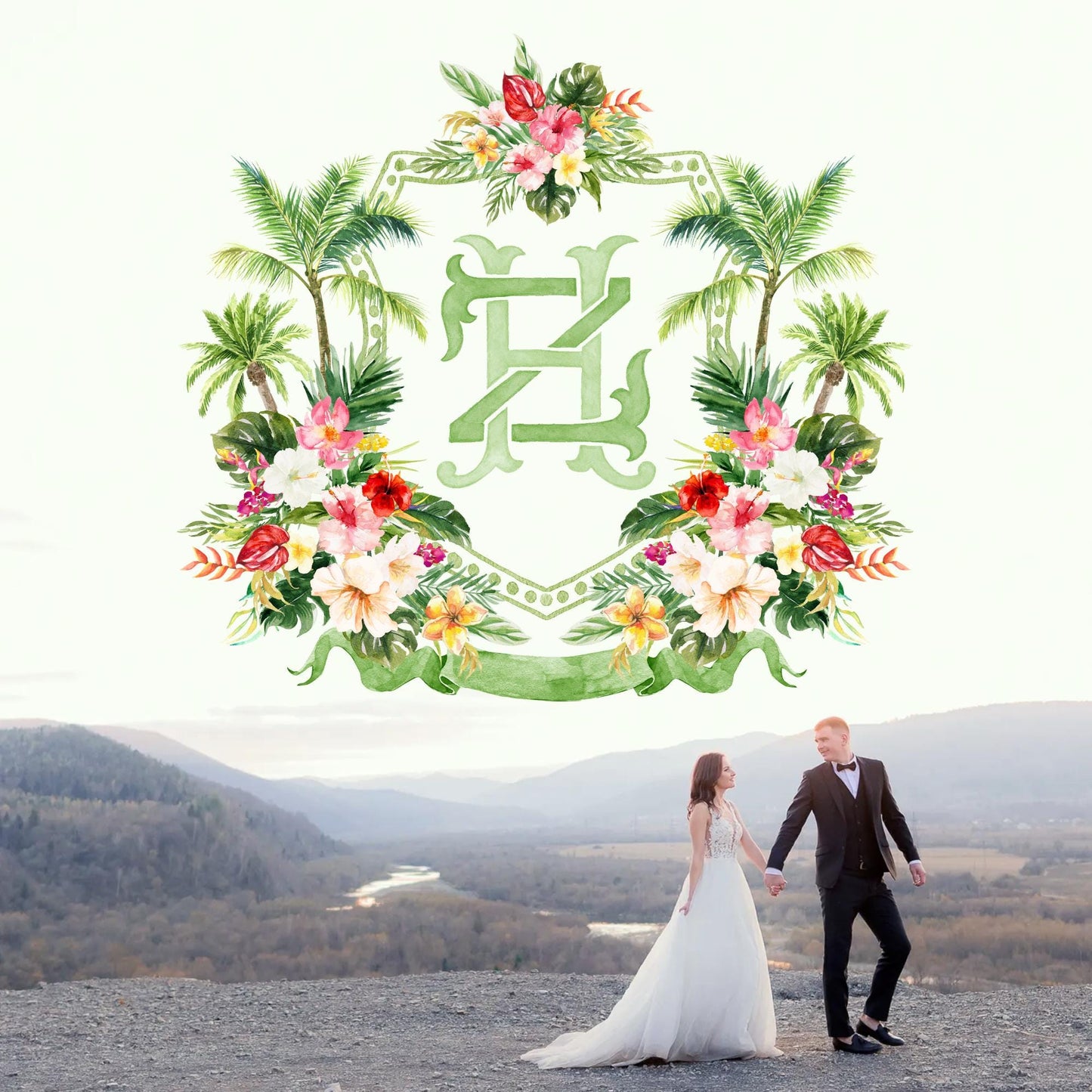 Tropical Palm Watercolor Flowers Wedding Crest - Monogram Crest - Watercolor Palm Springs Wedding Crest - Romantic Wedding