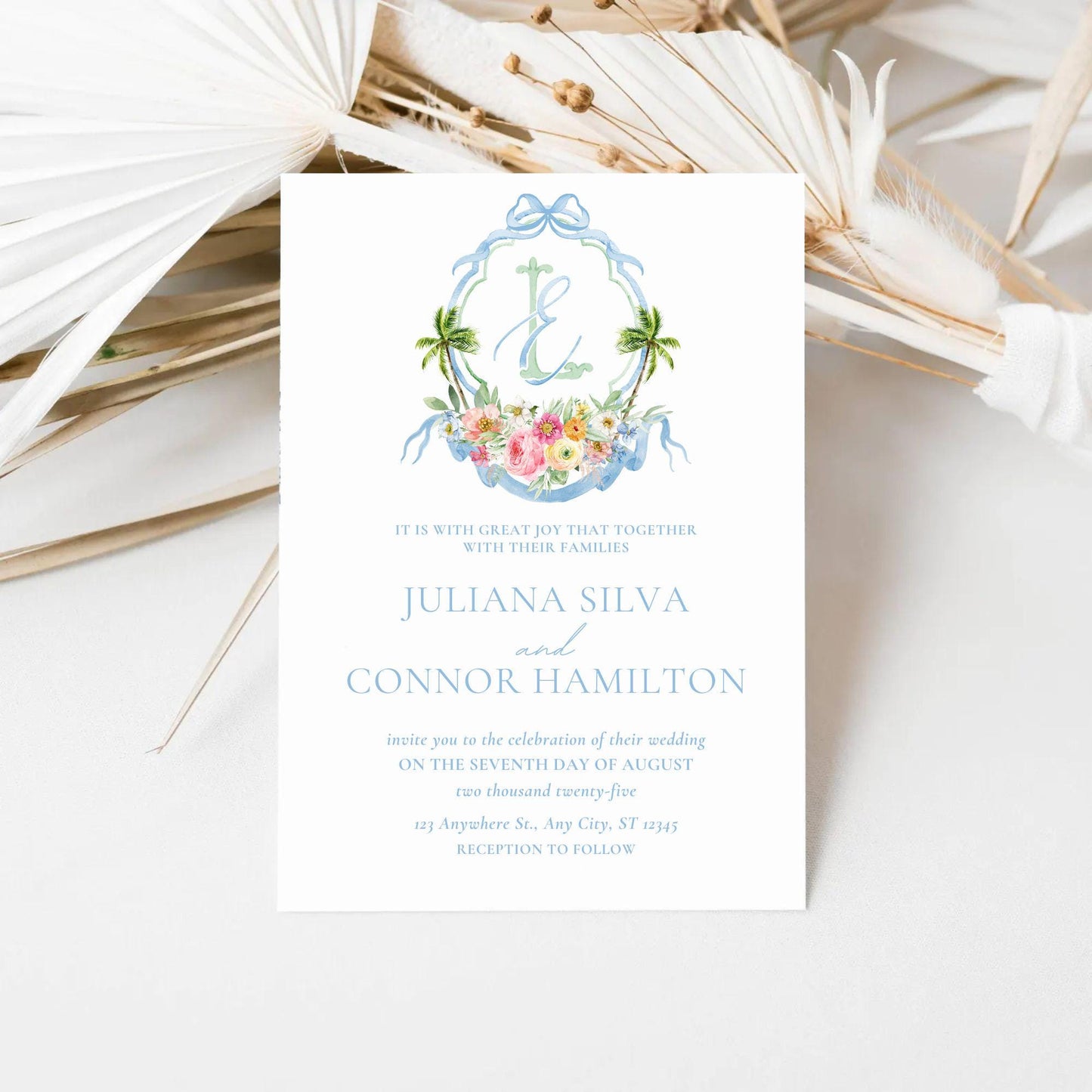 Wildflowers Bright Floral Colorful Palm Watercolor Wedding Crest - Monogram Crest -  Palm Leaf Watercolor Wedding Crest, Pastel Bright Crest