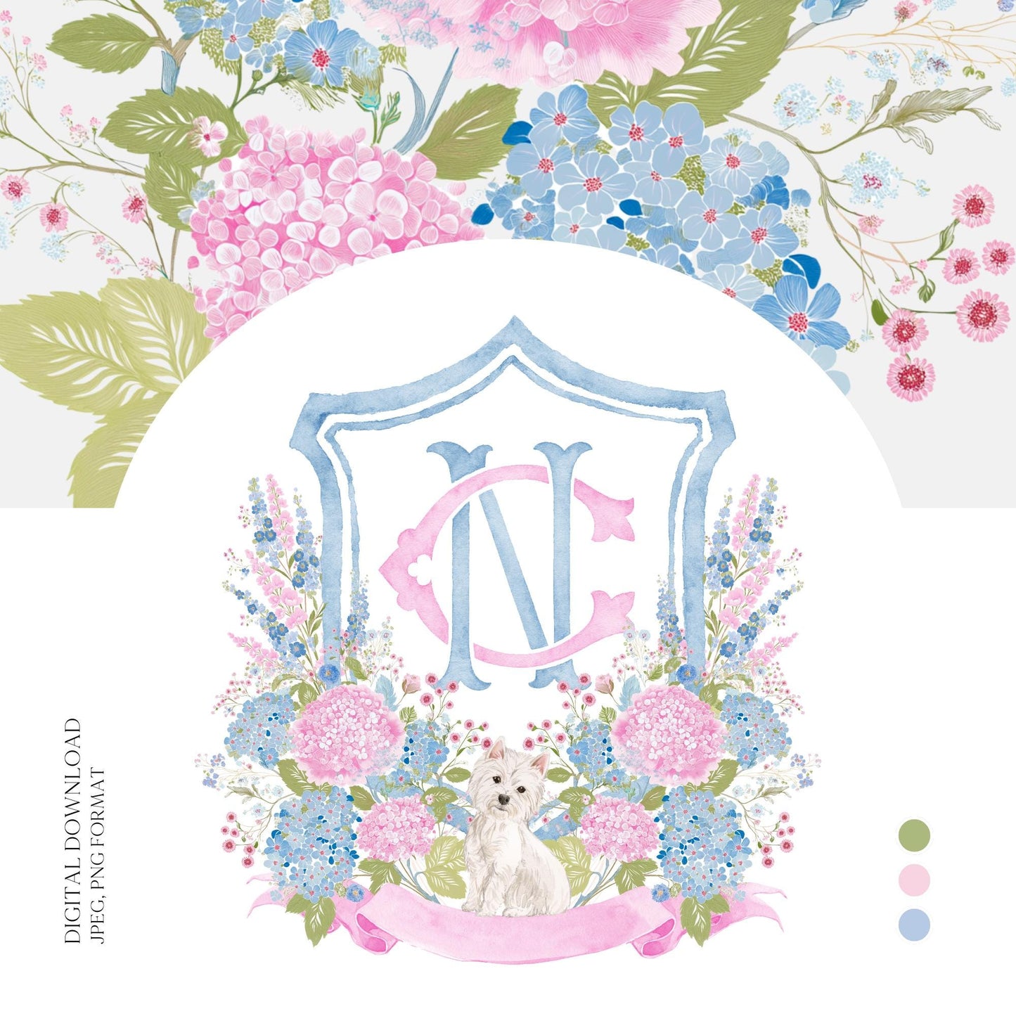 Hydrangea Blue Pink Wedding Family Crest - Light Pink Blue Hydrangea Flower Wedding Crest - Monogram Crest