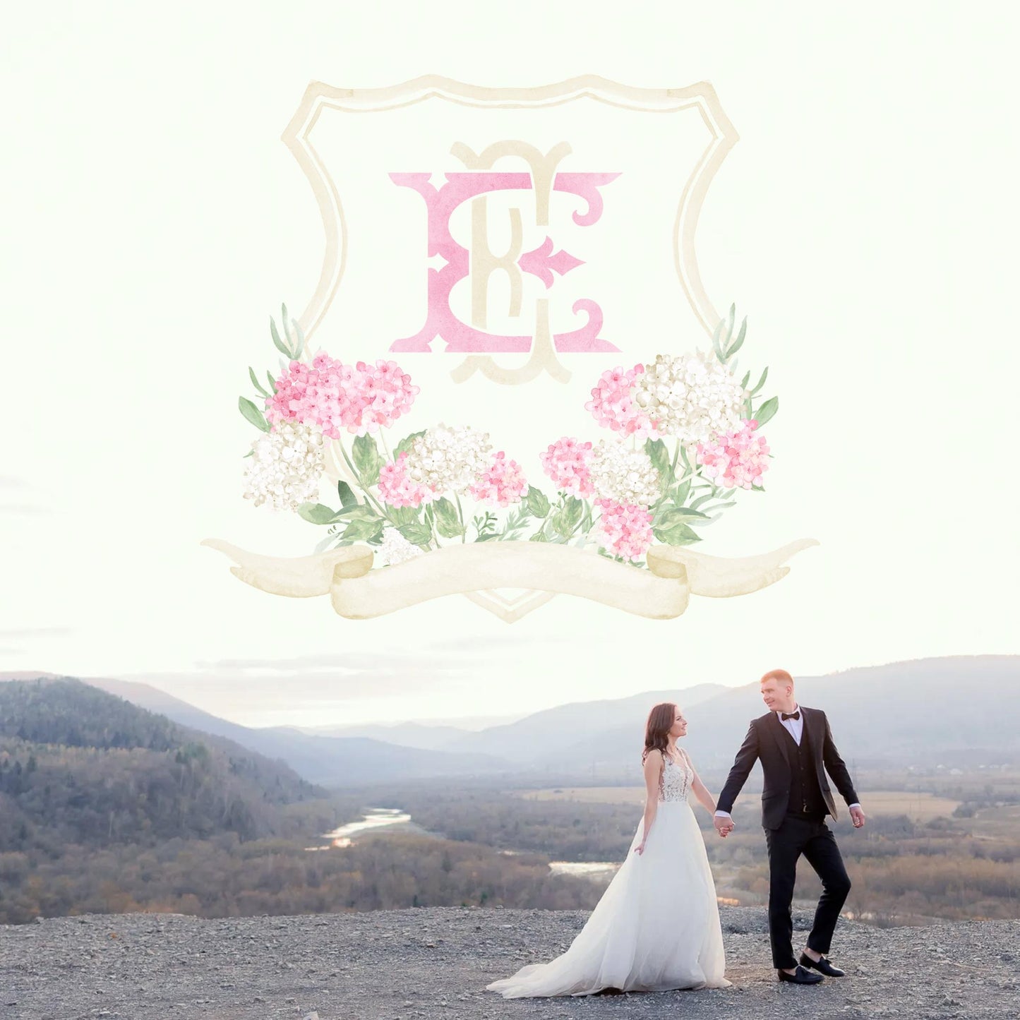 Pink White Hydrangea Flower Wedding Crest - Monogram Crest - Hydrangea Pink Floral Luxury Watercolor Wedding Crest - Romantic Wedding Crest