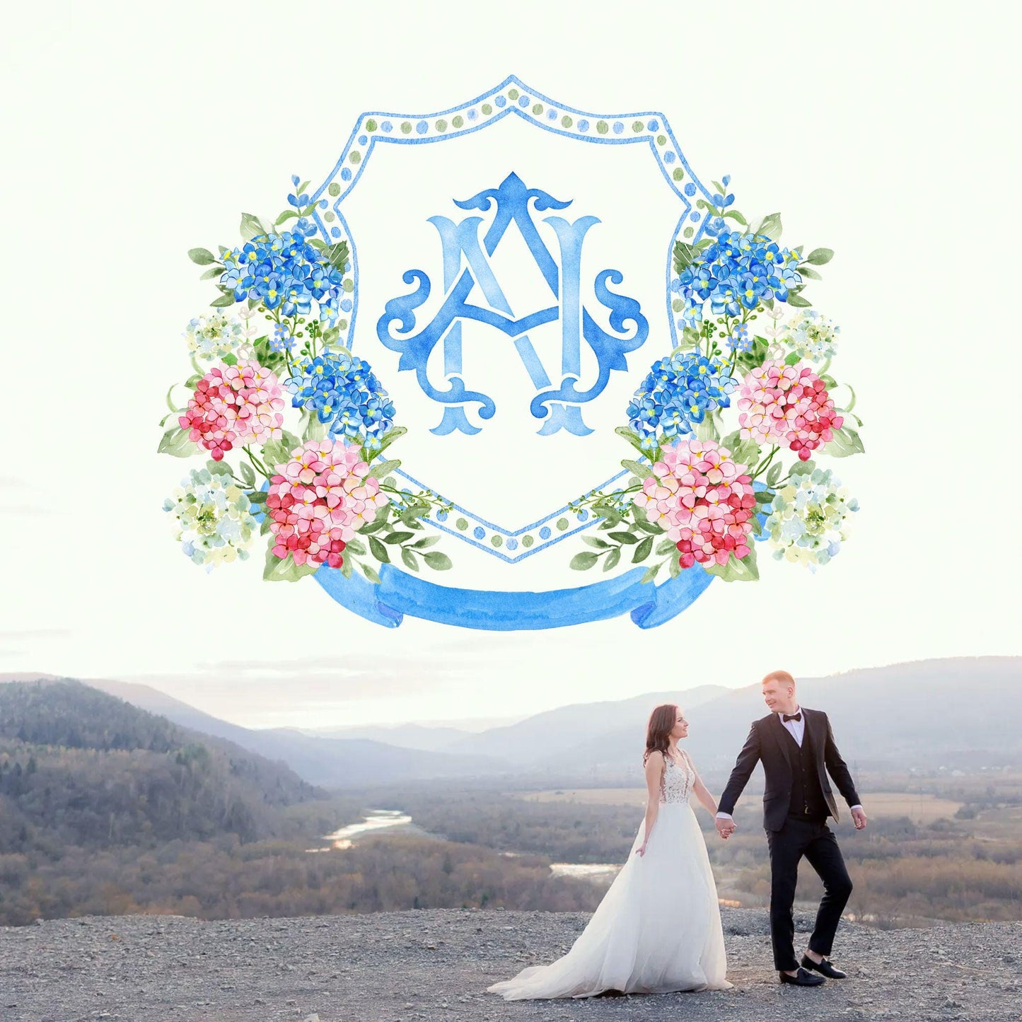Watercolor Blue Pink Hydrangea Wedding Crest – Hydrangea Floral Monogram (Digital Download)