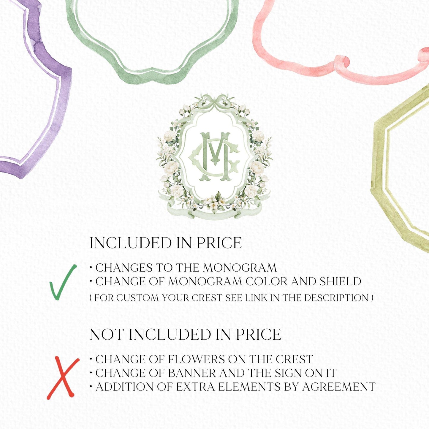White Rose Greenery White Flower Wedding Crest - Monogram Crest - White Floral Watercolor Wedding Crest - Romantic Wedding Crest