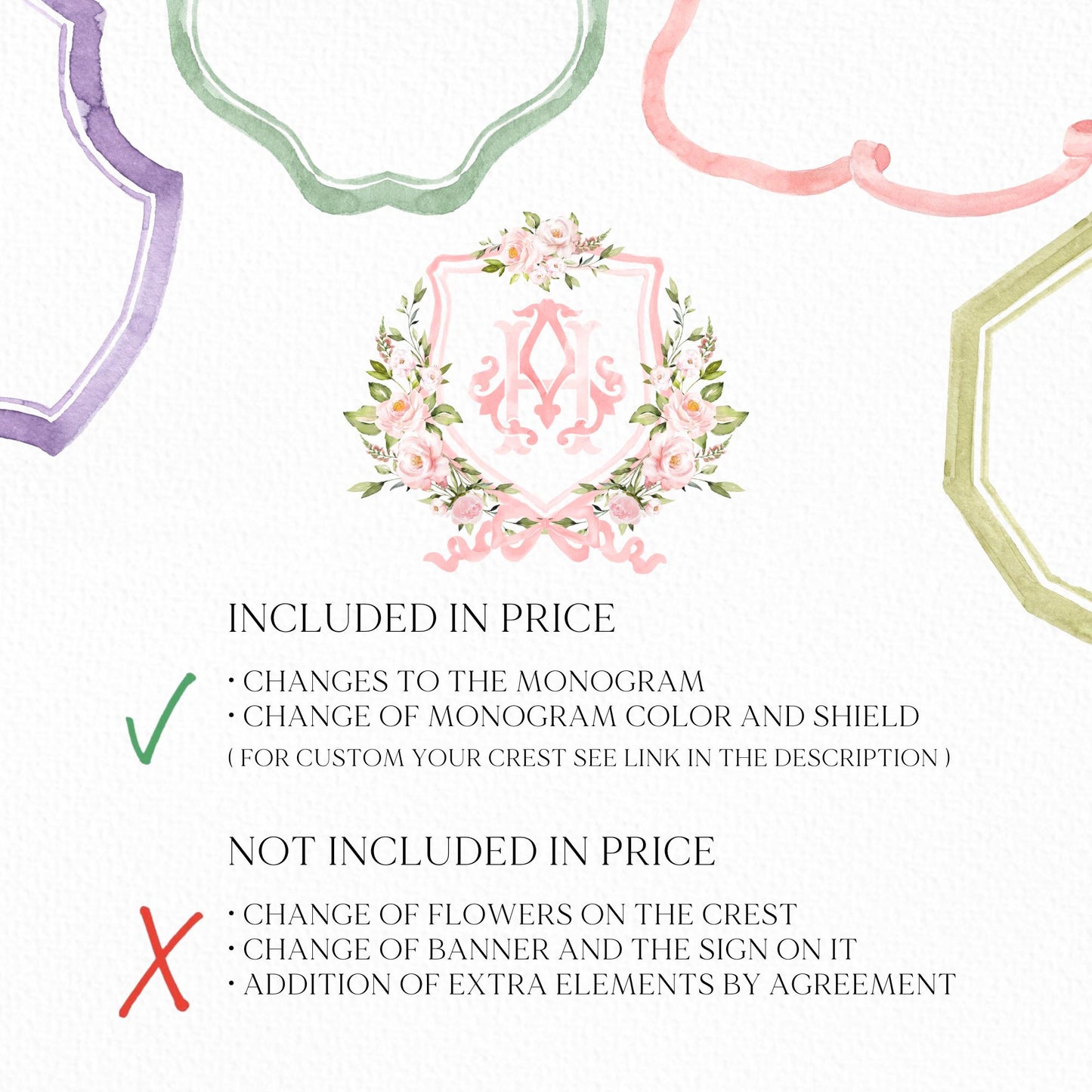 Blush Pink Floral Rustic Greenery Flower Wedding Crest - Monogram Crest - Floral Watercolor Wedding Crest - Romantic Wedding Crest