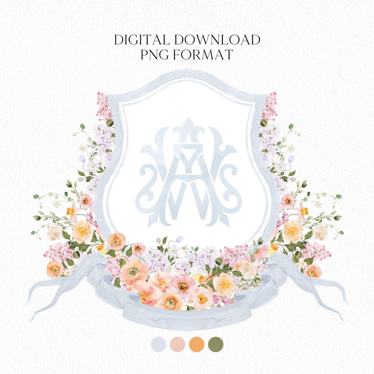 Orange Pink Yellow and White Watercolor Flower Wedding Crest - Monogram Crest - Floral Watercolor Wedding Crest - Blue Spring Wedding Crest
