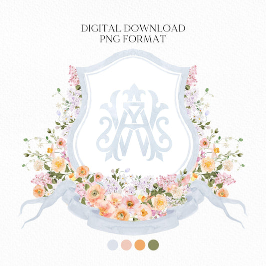 Orange Pink Yellow and White Watercolor Flower Wedding Crest - Monogram Crest - Floral Watercolor Wedding Crest - Blue Spring Wedding Crest