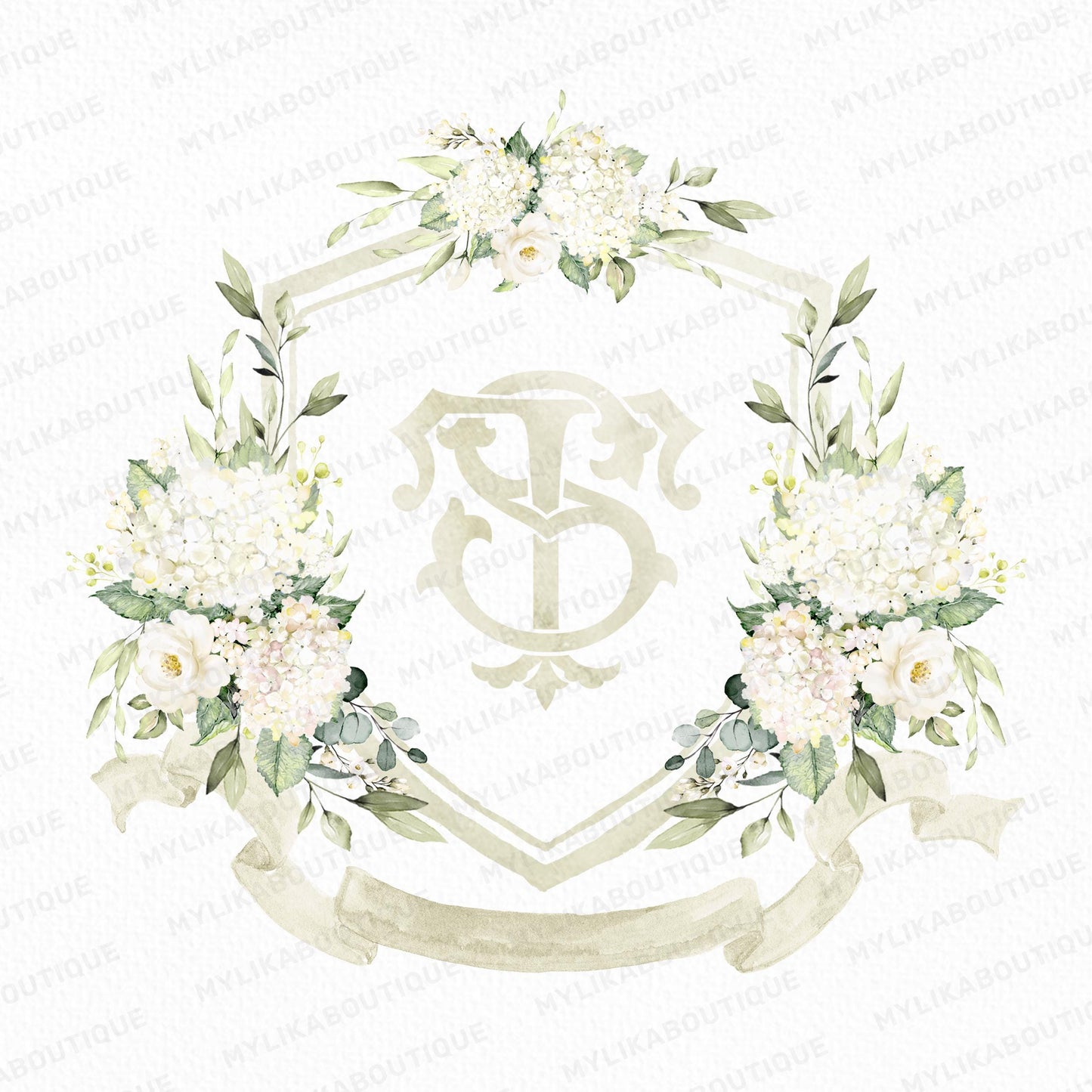 White Hydrangea Flower Wedding Crest - Monogram Crest - Hydrangea Floral Watercolor Wedding Crest - Romantic Wedding Crest - Boho Hydrangea