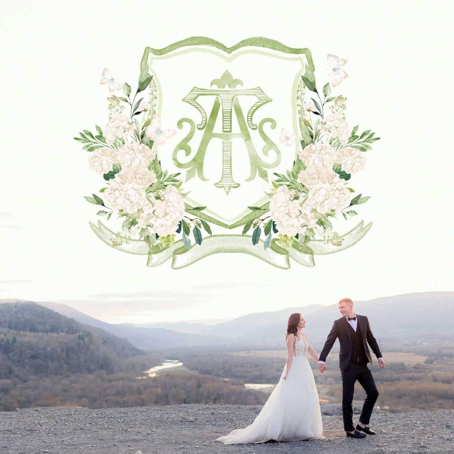 White Hydrangea Flower Wedding Crest - Monogram Crest - Hydrangea Floral Watercolor Wedding Crest - Romantic Wedding Crest - Boho Hydrangea