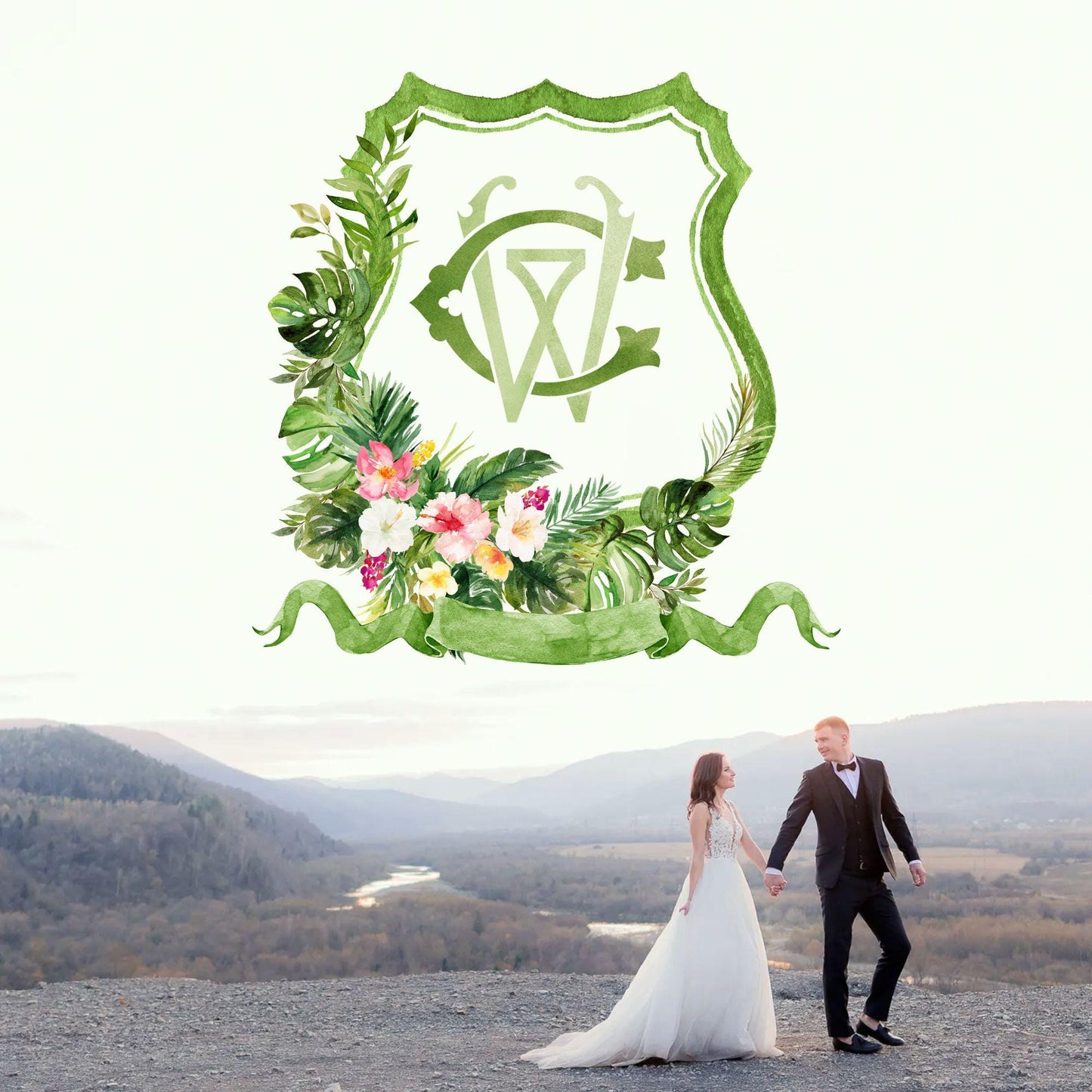 Greenery Tropical Foliage Palms Watercolor Flowers Wedding Crest - Monogram Crest - Floral Watercolor Wedding Crest - Romantic Wedding Crest
