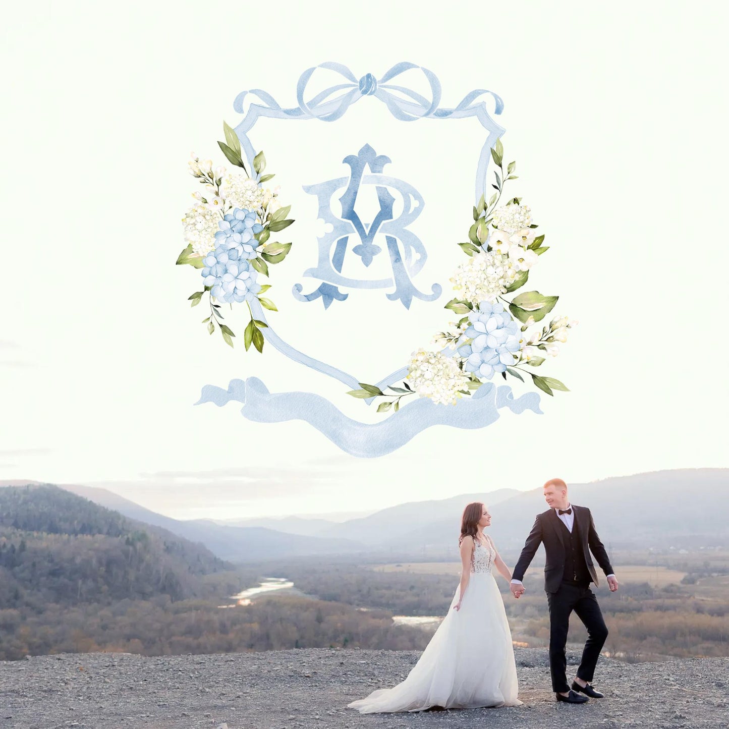 Hydrangea Flower Wedding Crest - Monogram Crest - Hydrangea Floral Luxury Watercolor Wedding Crest - Romantic Wedding Crest- Boho Hydrangea