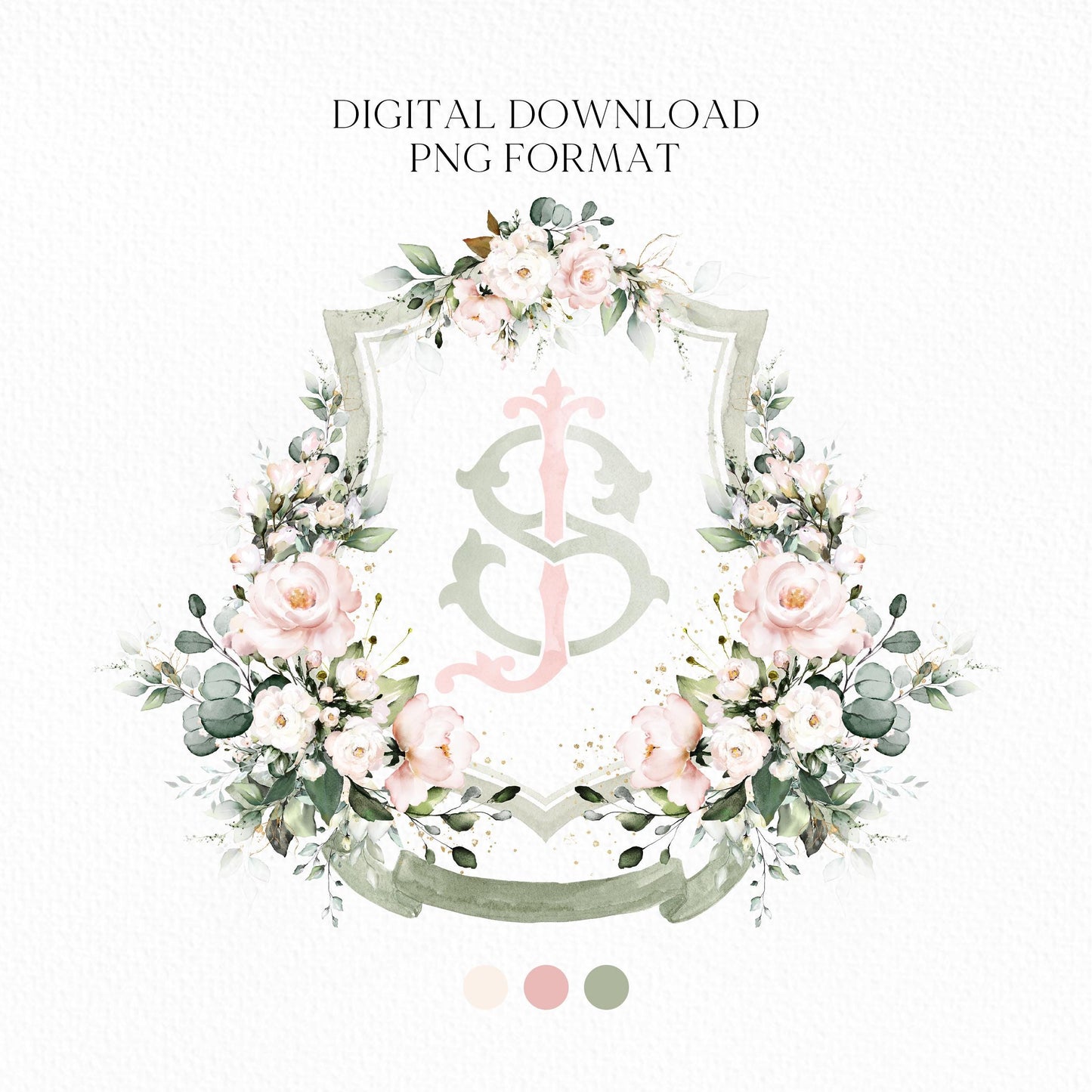 Blush Pink Roses Flower Wedding Crest - Monogram Crest - Pink Floral Luxury Watercolor Wedding Crest - Romantic Wedding Crest - Boho Roses