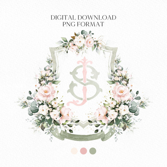 Blush Pink Roses Flower Wedding Crest - Monogram Crest - Pink Floral Luxury Watercolor Wedding Crest - Romantic Wedding Crest - Boho Roses