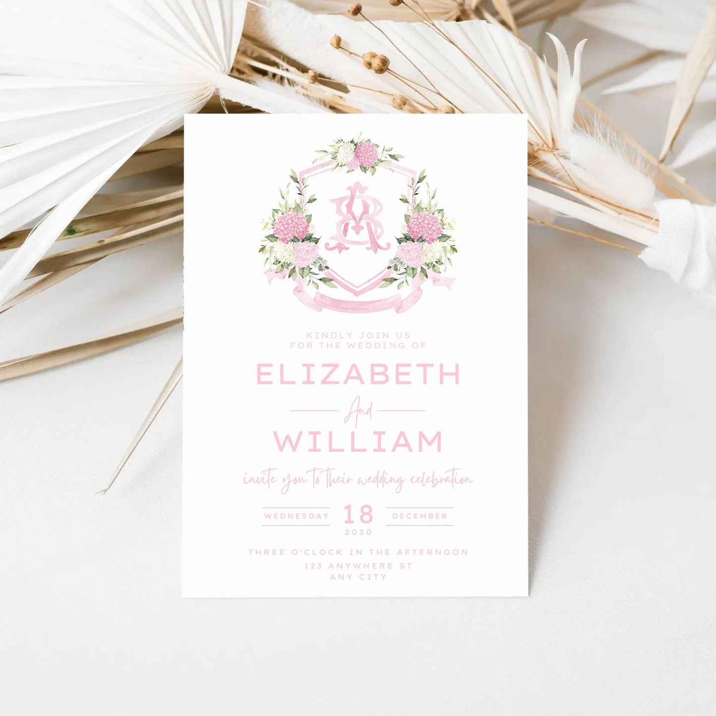 Pink Hydrangea Flower Wedding Crest - Monogram Crest - Hydrangea Floral Luxury Watercolor Wedding Crest - Romantic Wedding Crest