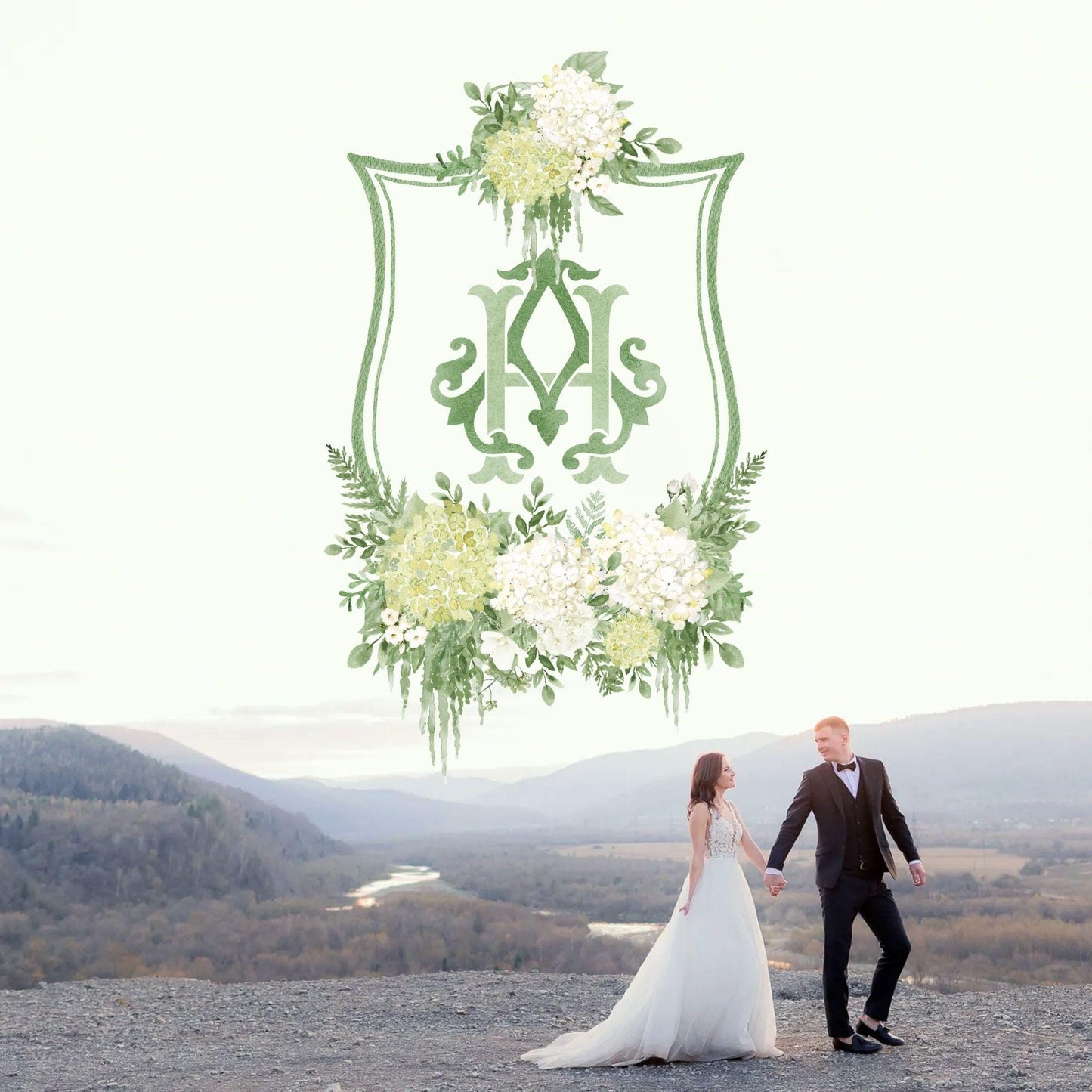 Green Hydrangea Flower Wedding Crest - Monogram Crest - Hydrangea White Floral Luxury Watercolor Wedding Crest - Romantic Wedding Crest