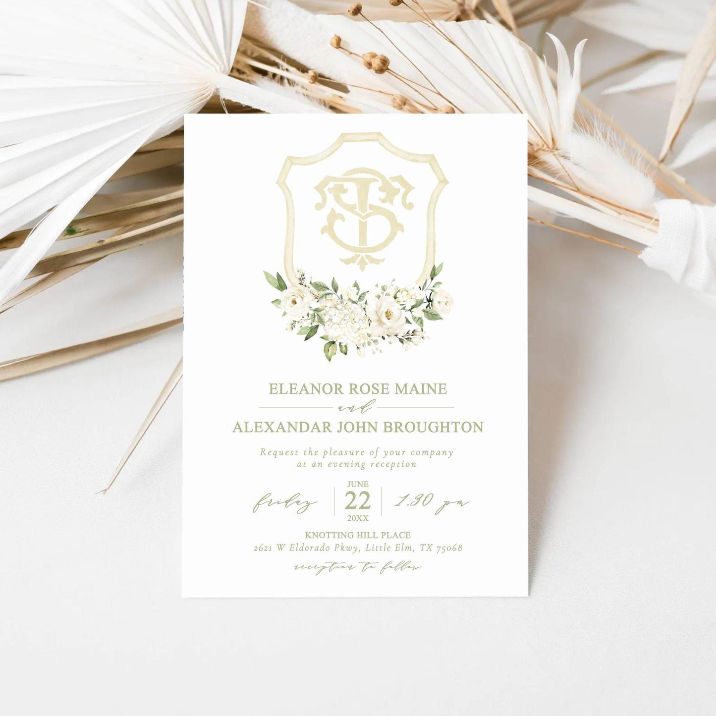 White Rose Greenery White Flower Wedding Crest - Monogram Crest - White Floral Watercolor Wedding Crest - Romantic Wedding Crest