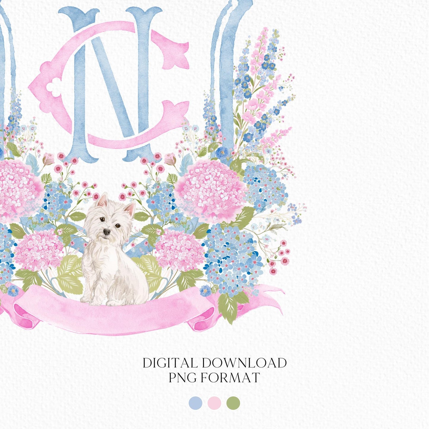 Hydrangea Blue Pink Wedding Family Crest - Light Pink Blue Hydrangea Flower Wedding Crest - Monogram Crest