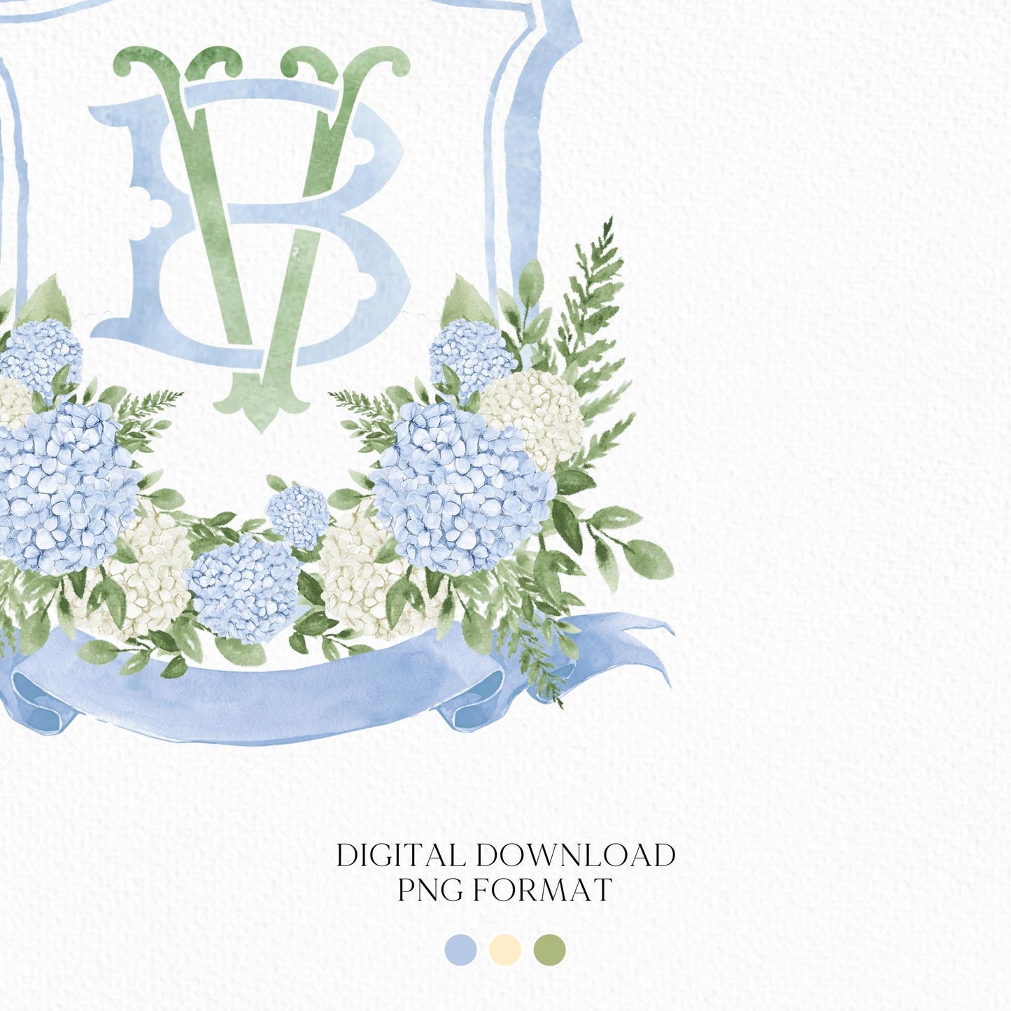 White Blue Hydrangea Flower Wedding Crest - Monogram Crest - Hydrangea Floral Luxury Watercolor Wedding Crest - Romantic Wedding Crest