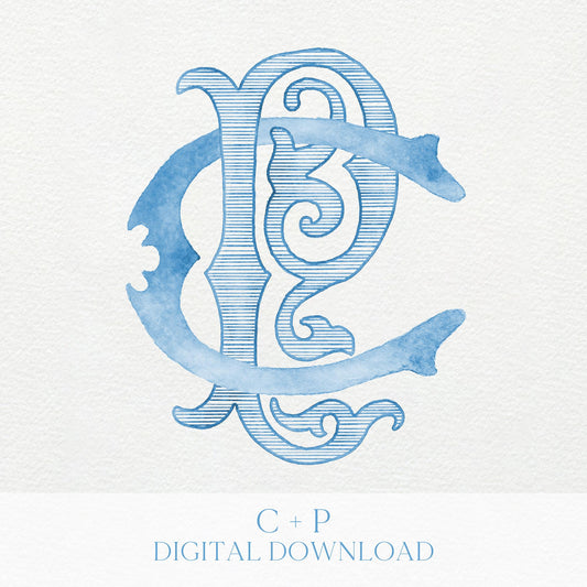 Watercolor Wedding Monogram – Classic CP Initial Crest (Digital Download)