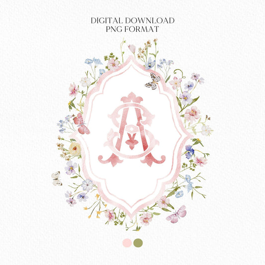 Isabella WildFlower Wedding Crest - Monogram Crest - WildFlower Floral Luxury Watercolor Wedding Crest - Romantic Wedding Crest - WildFlower
