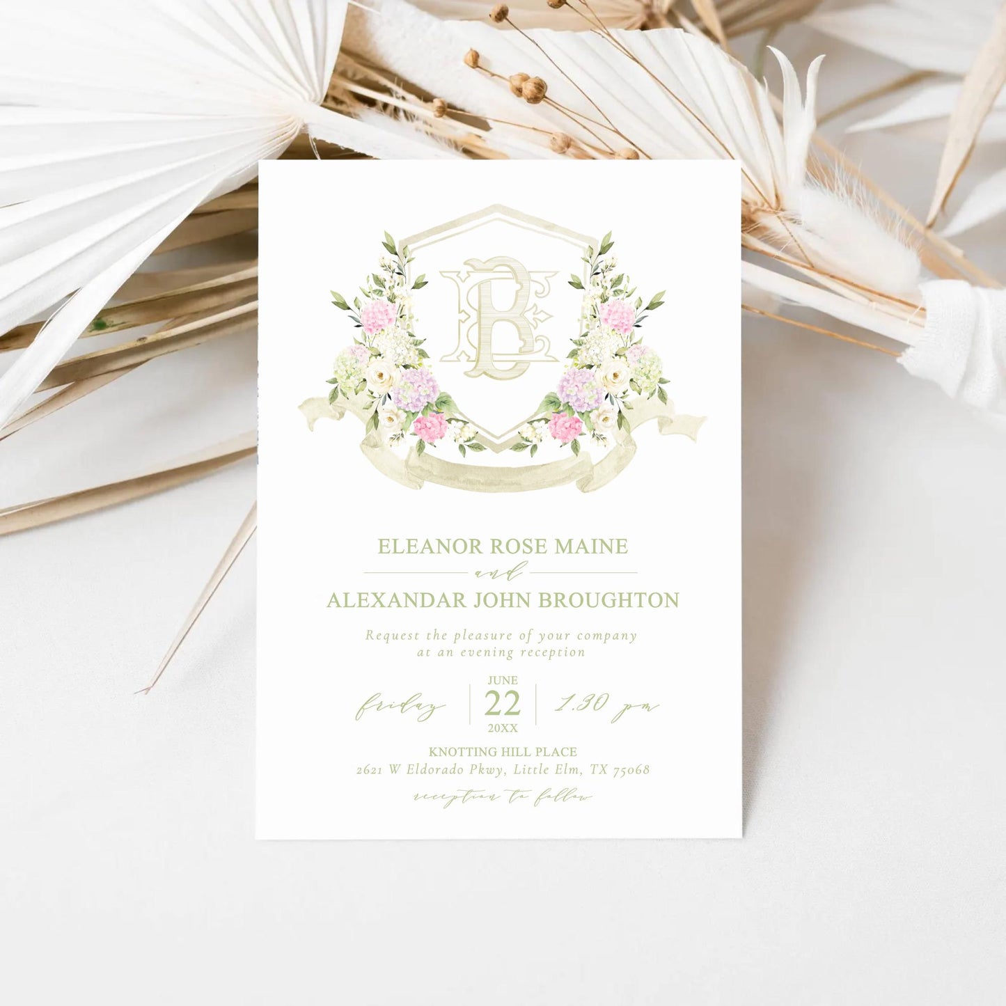 Blue White Pink Hydrangea Flower Wedding Crest - Monogram Crest - Pastel Color Hydrangea Floral Luxury Watercolor Wedding Crest