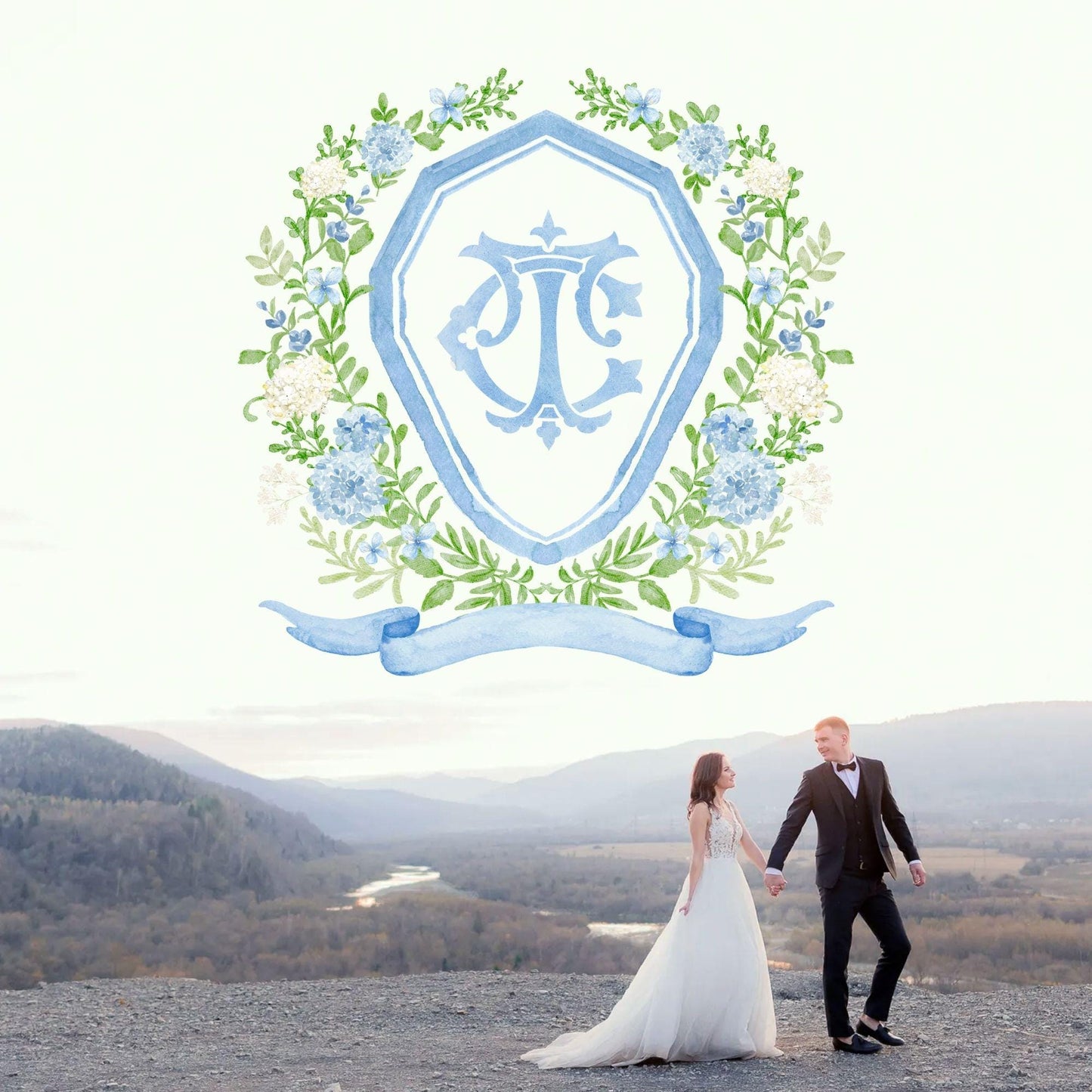 Hydrangea Flower Wedding Crest - Monogram Crest - Hydrangea Floral Luxury Watercolor Wedding Crest - Romantic Wedding Crest- Boho Hydrangea