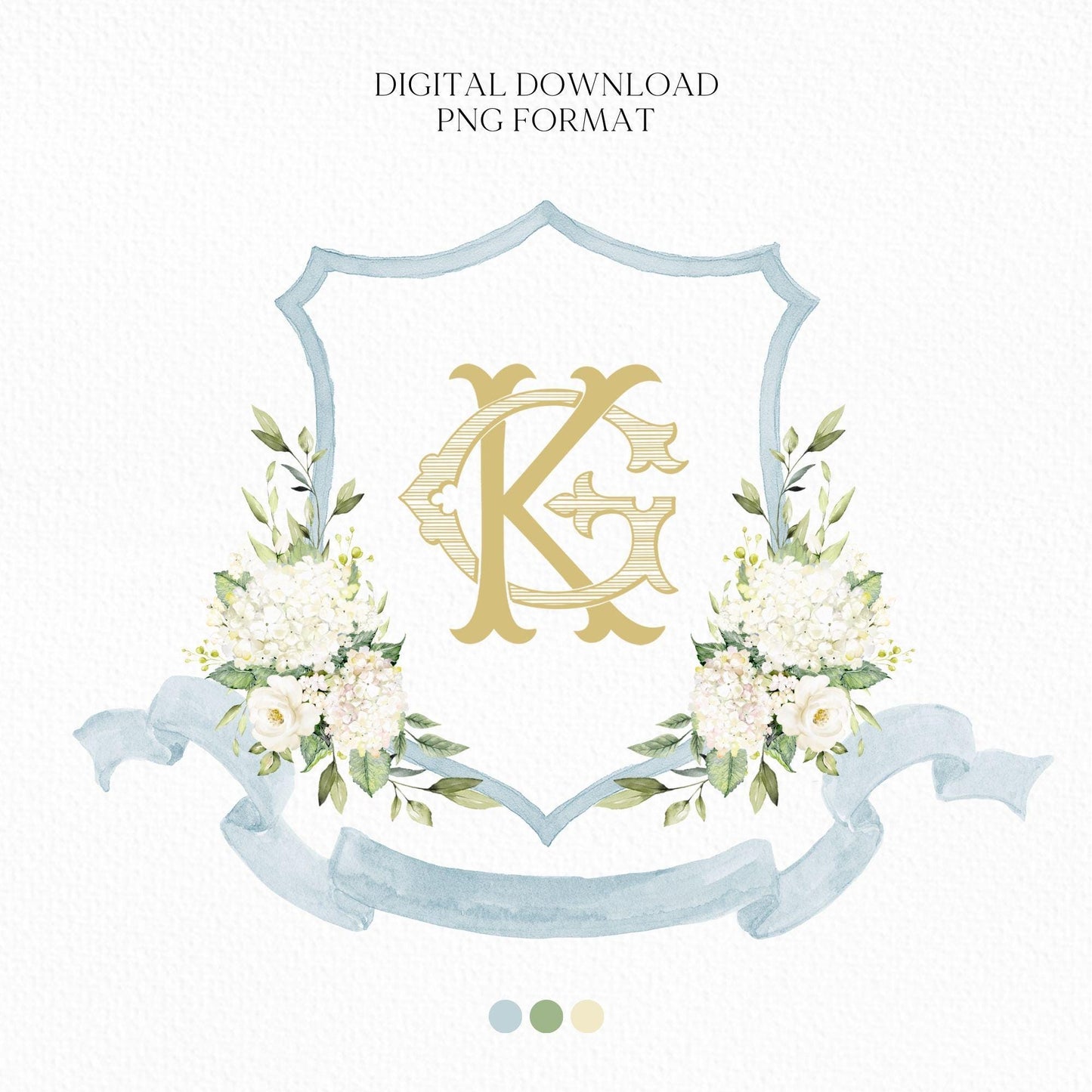 White Hydrangea Flower Wedding Crest - Monogram Crest - Hydrangea Floral Luxury Watercolor Wedding Crest - Romantic Wedding Crest