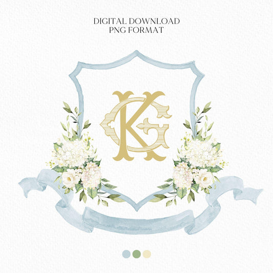 White Hydrangea Flower Wedding Crest - Monogram Crest - Hydrangea Floral Luxury Watercolor Wedding Crest - Romantic Wedding Crest