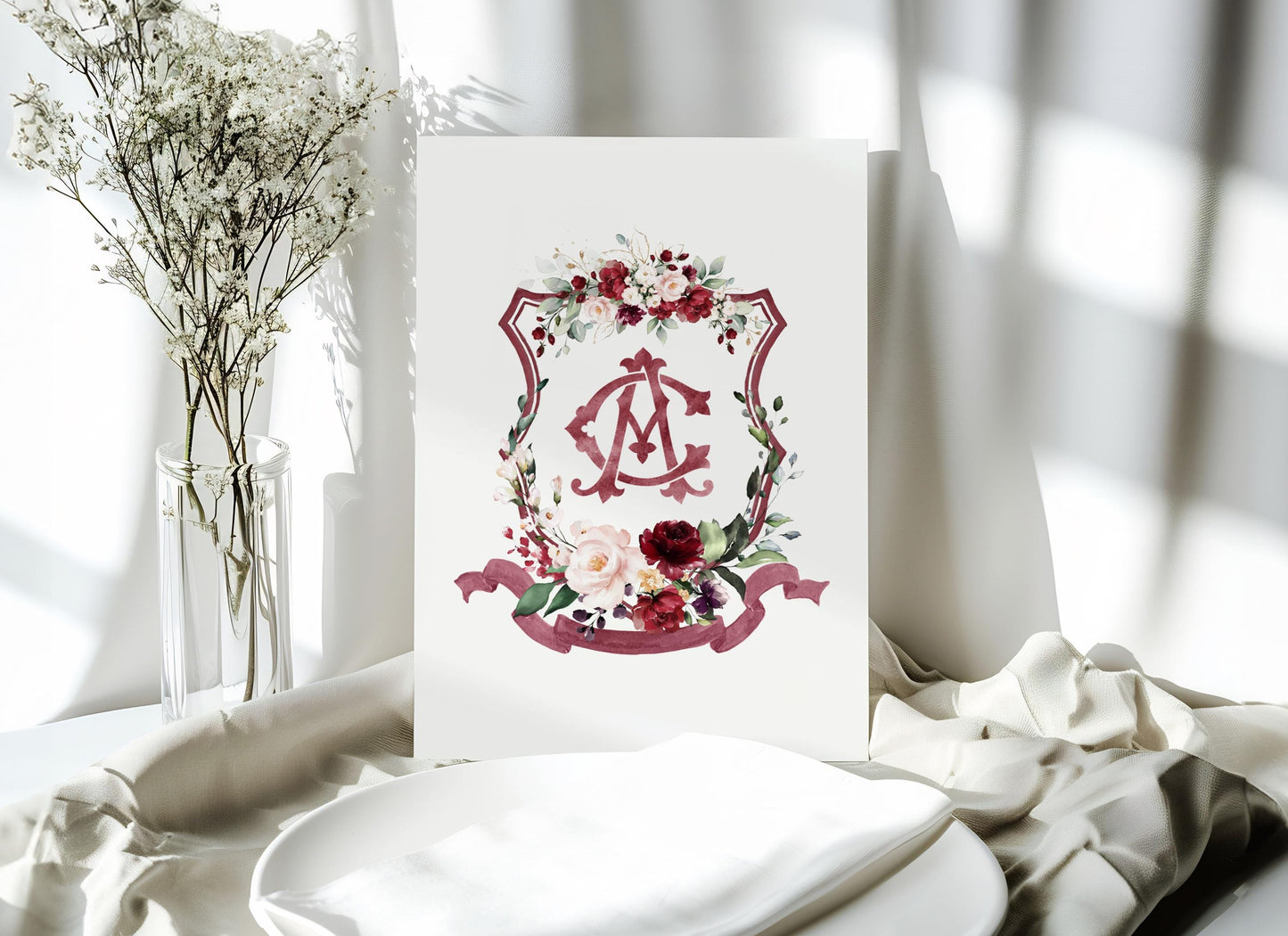 Geometric Burgundy blush Pink Floral Wedding Crest - Monogram Crest - Burgundy Floral Watercolor Wedding Crest - Romantic Wedding Crest