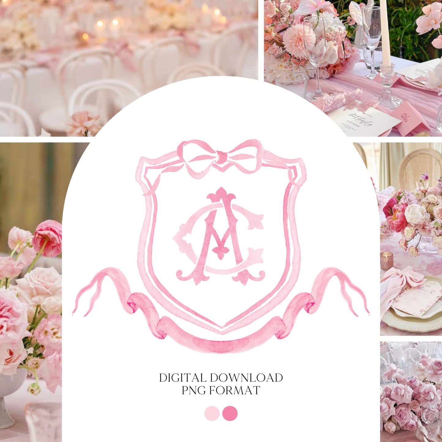 Pink Coquette Ribbon Bow Crest Wedding Crest - Monogram Crest - Pink Ribbon Bow Watercolor Wedding Crest Romantic Wedding Crest
