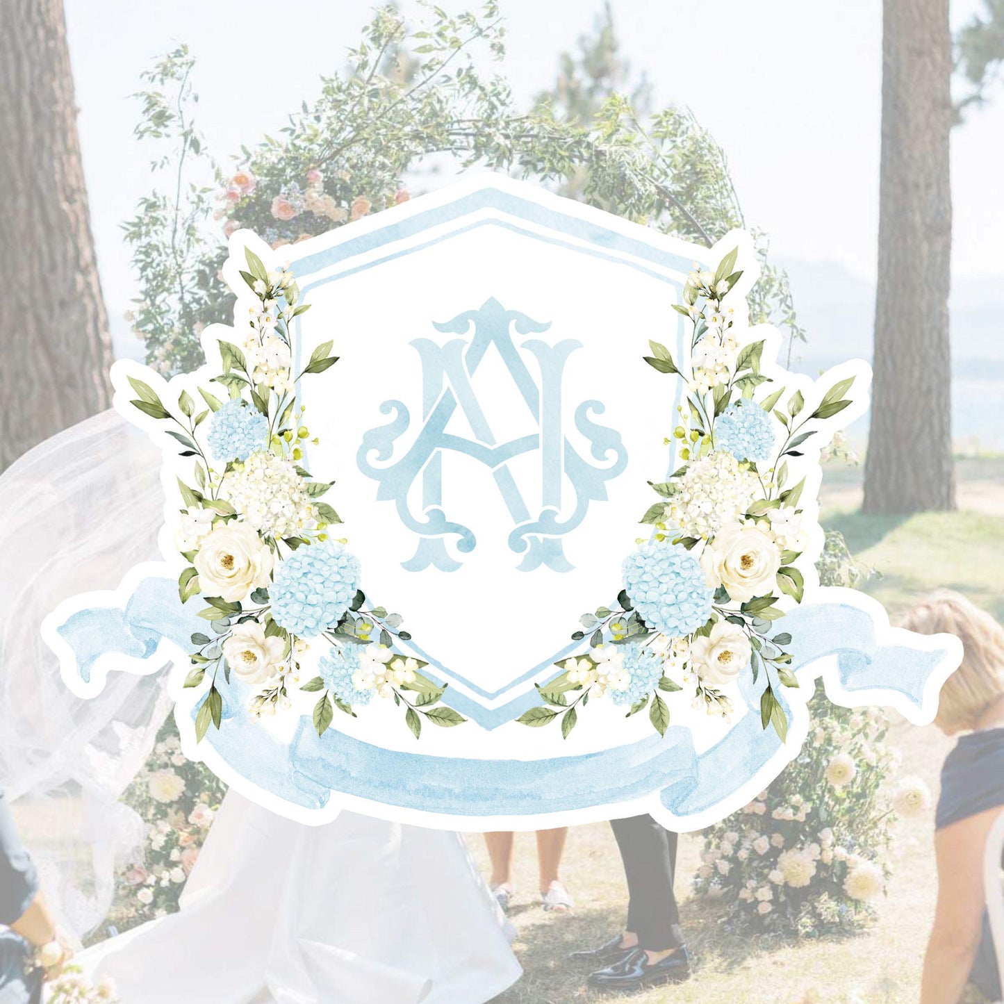 Light Dusty Blue Hydrangea Flower Wedding Crest - Monogram Crest - White Hydrangea Floral Watercolor Wedding Crest - Romantic Wedding Crest