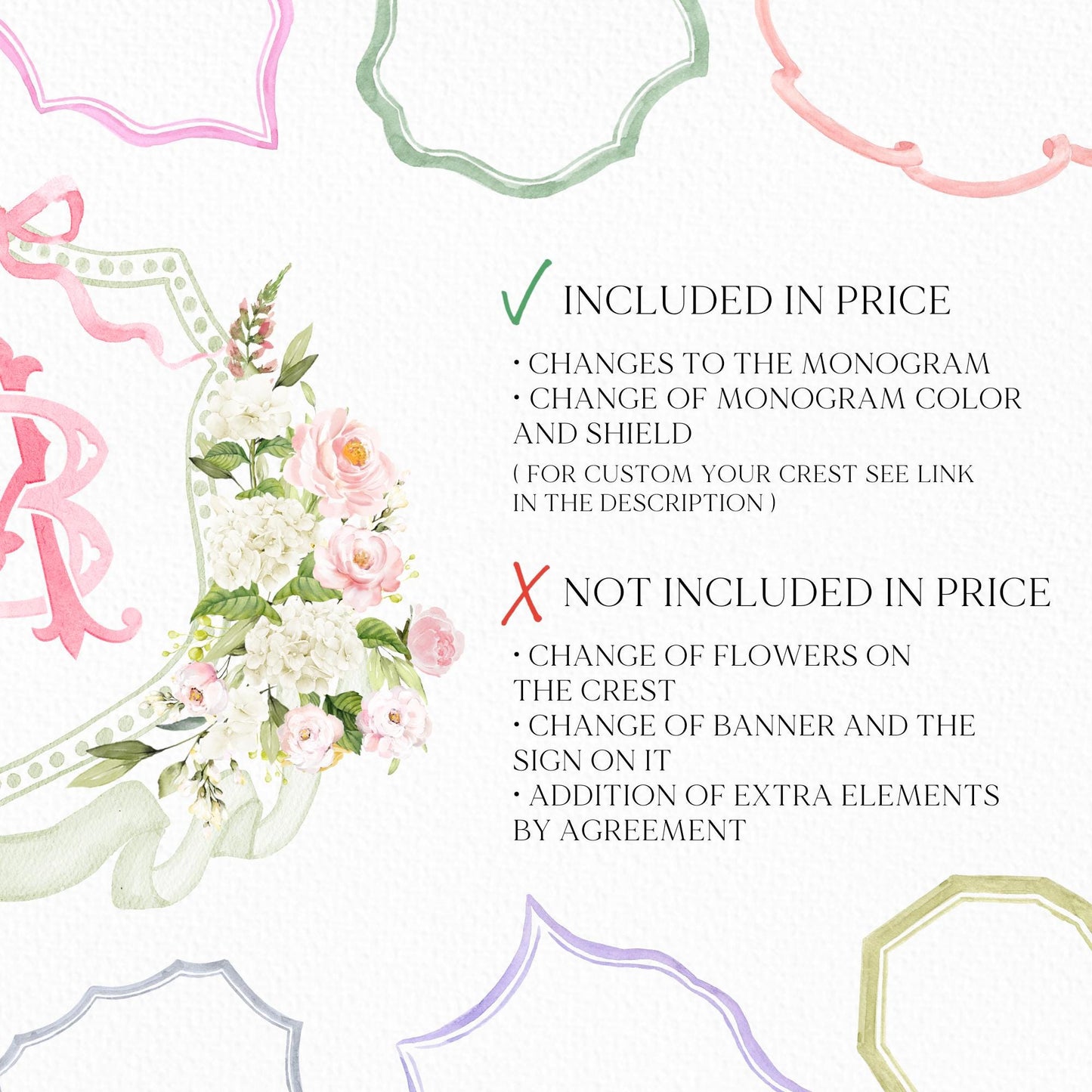 White Hydrangea Blush Pink Rose Flower Wedding Crest - Monogram Crest - Hydrangea Floral Luxury Watercolor Wedding Crest