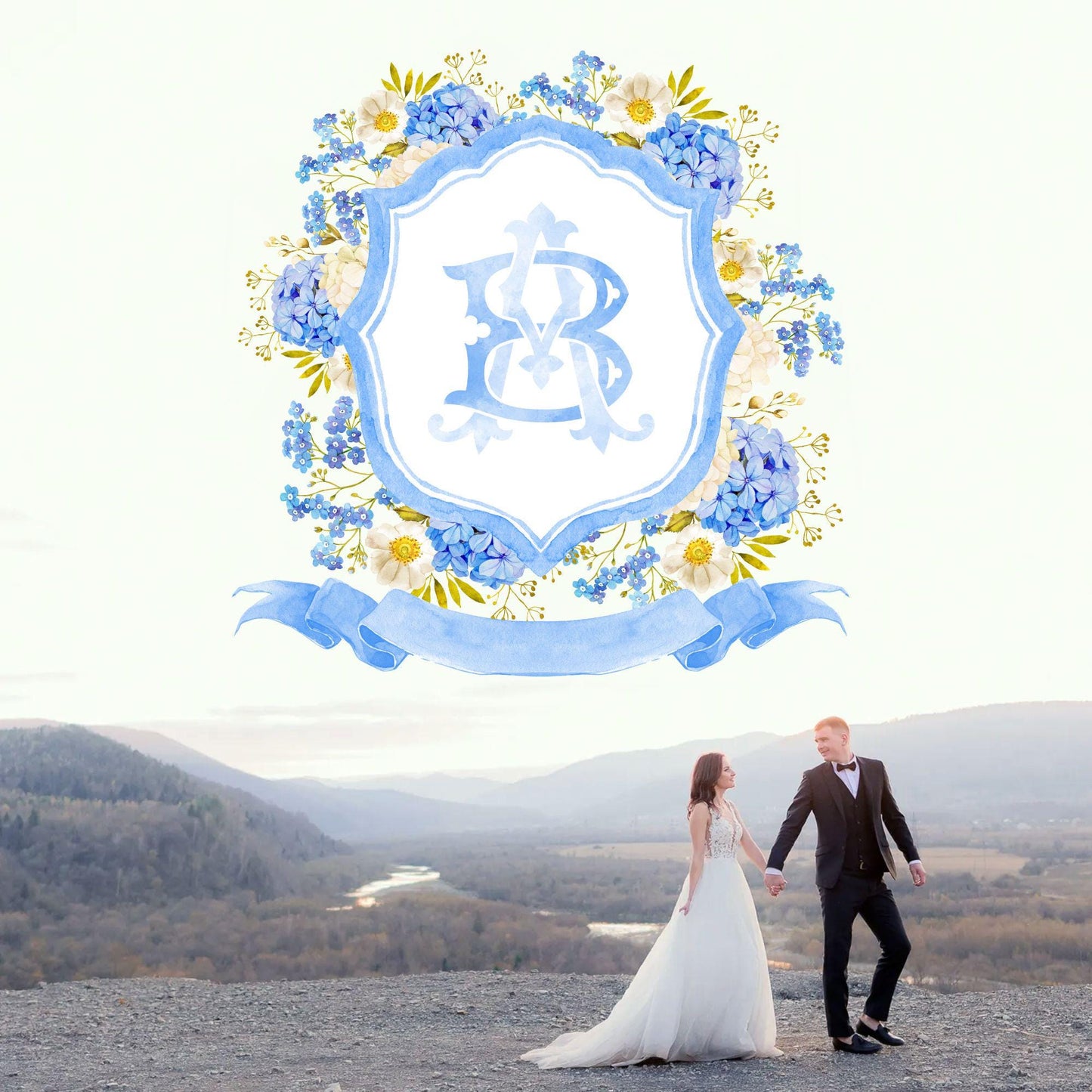 Blue White Hydrangeas Floral Wedding Crest - Monogram Crest - Hydrangea Floral Luxury Watercolor Wedding Crest - Romantic Wedding Crest