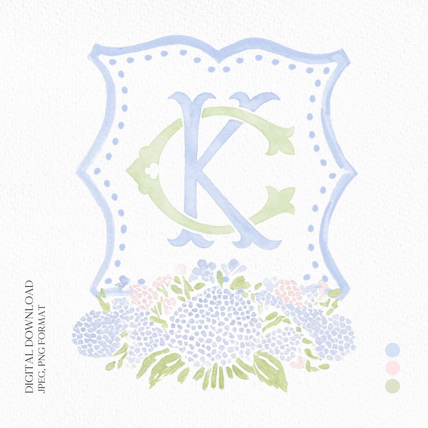 Pink Light Blue Hydrangea Flower Wedding Crest - Monogram Crest - Blue Hydrangea Floral Watercolor Wedding Crest - Romantic Wedding Crest