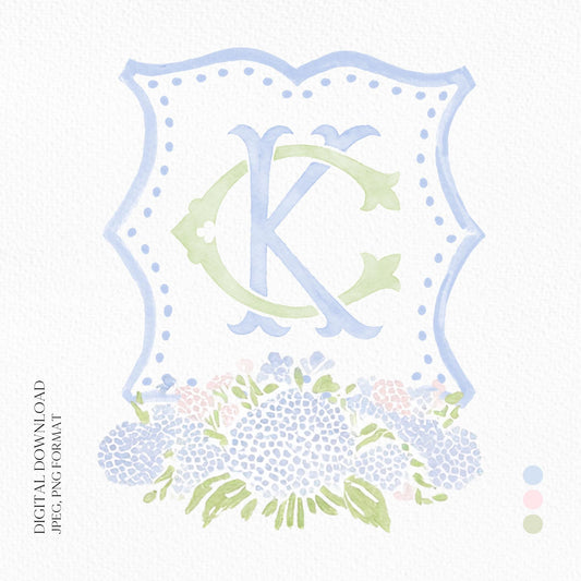 Pink Light Blue Hydrangea Flower Wedding Crest - Monogram Crest - Blue Hydrangea Floral Watercolor Wedding Crest - Romantic Wedding Crest