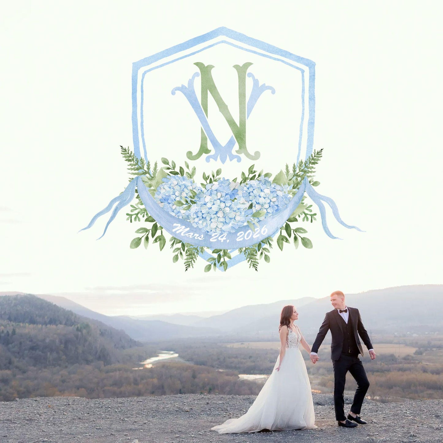 Hydrangea Flower Wedding Crest - Monogram Crest - Hydrangea Floral Blue Watercolor Wedding Crest - Romantic Wedding Crest - Boho Hydrangea