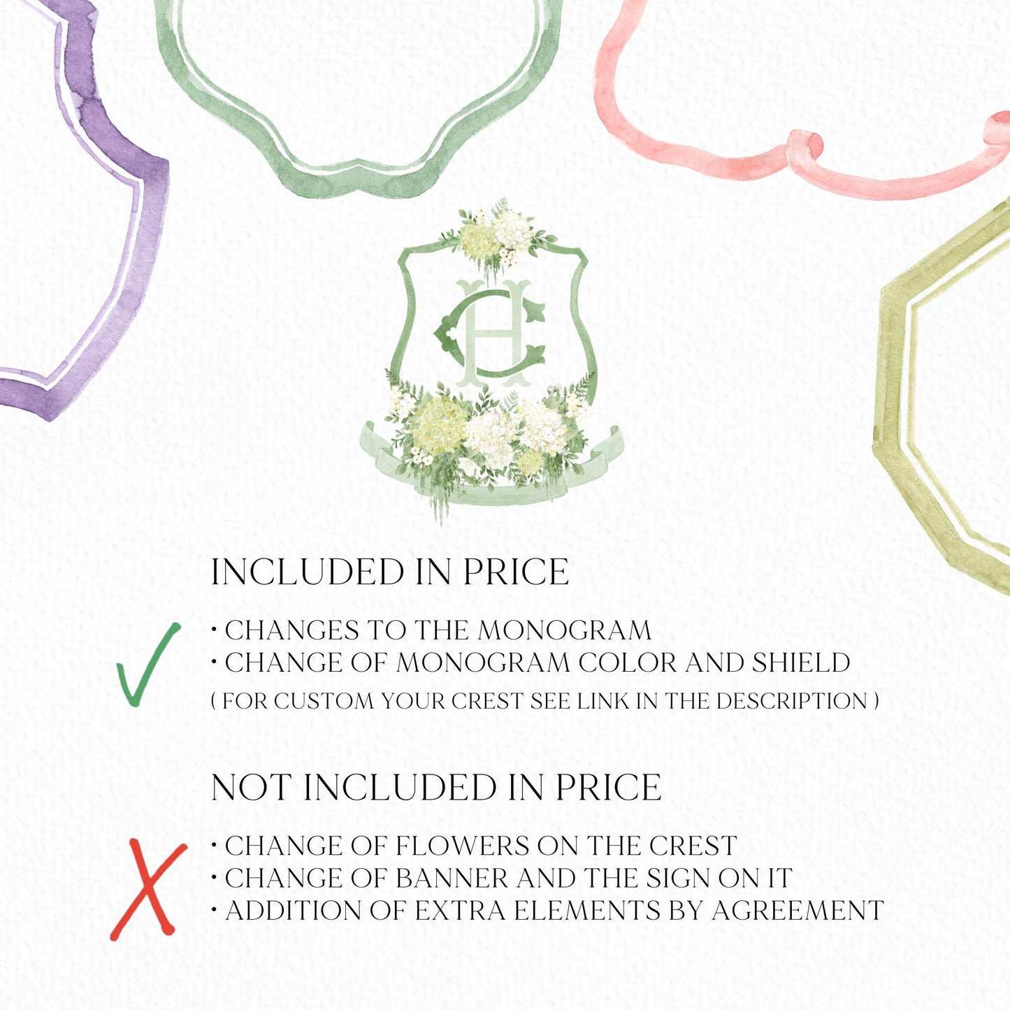 Green Hydrangea Flower Wedding Crest - Monogram Crest - Hydrangea White Floral Luxury Watercolor Wedding Crest - Romantic Wedding Crest