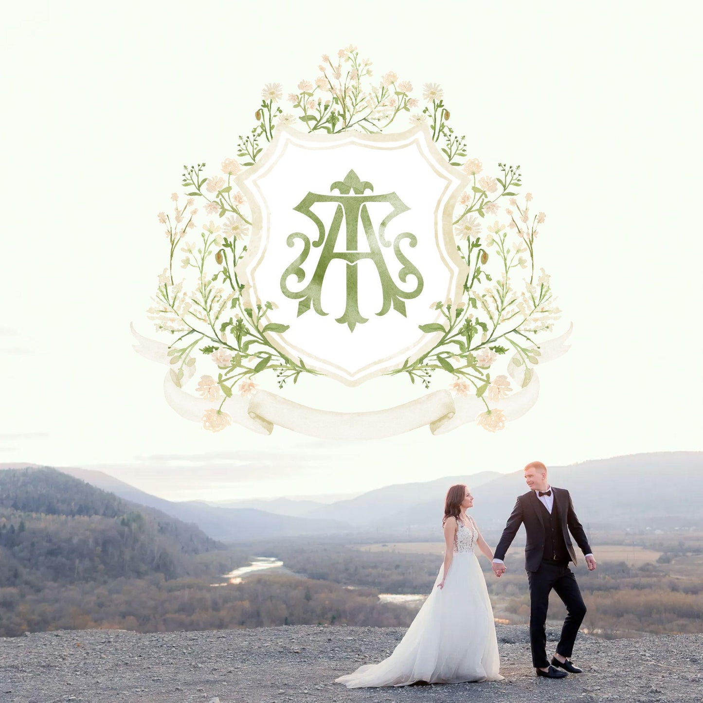 White WildFlower Wedding Crest - Monogram Crest - WildFlower Floral Luxury Watercolor Wedding Crest - Romantic Wedding Crest